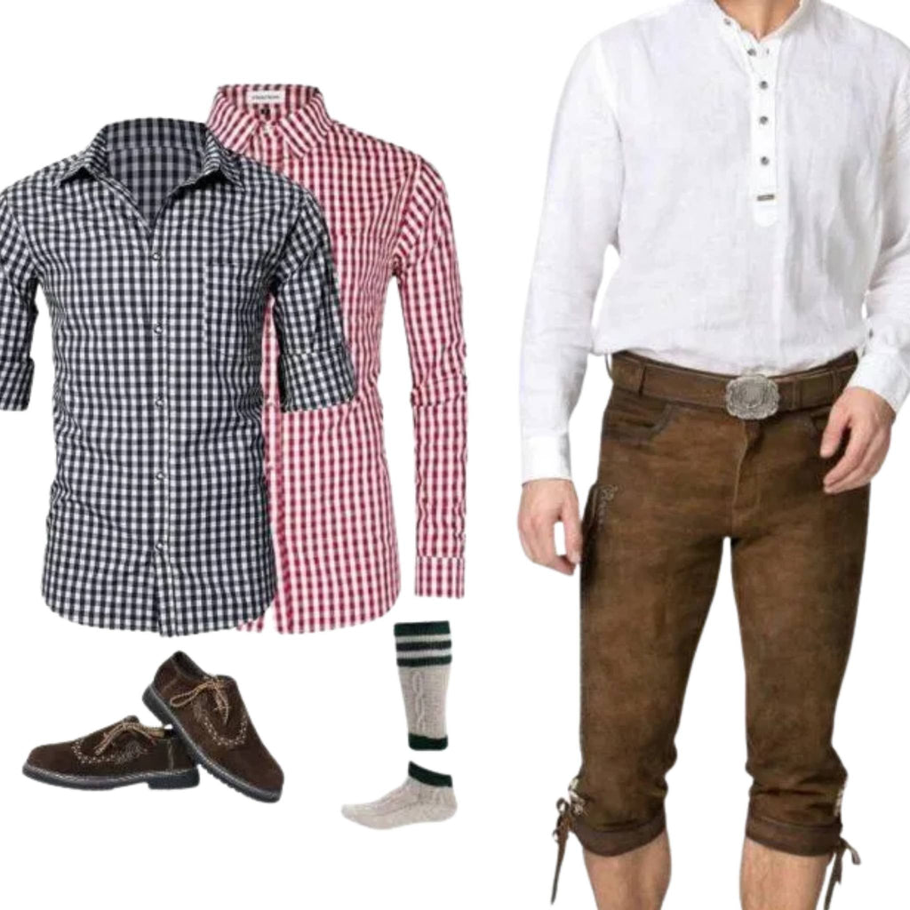 Men's Belted Lederhosen Set with Mandarin Shirt