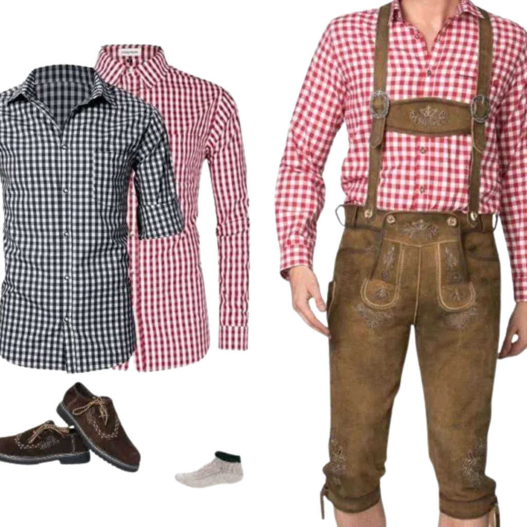 Men's Tan Lederhosen Set with Check Shirt Choice