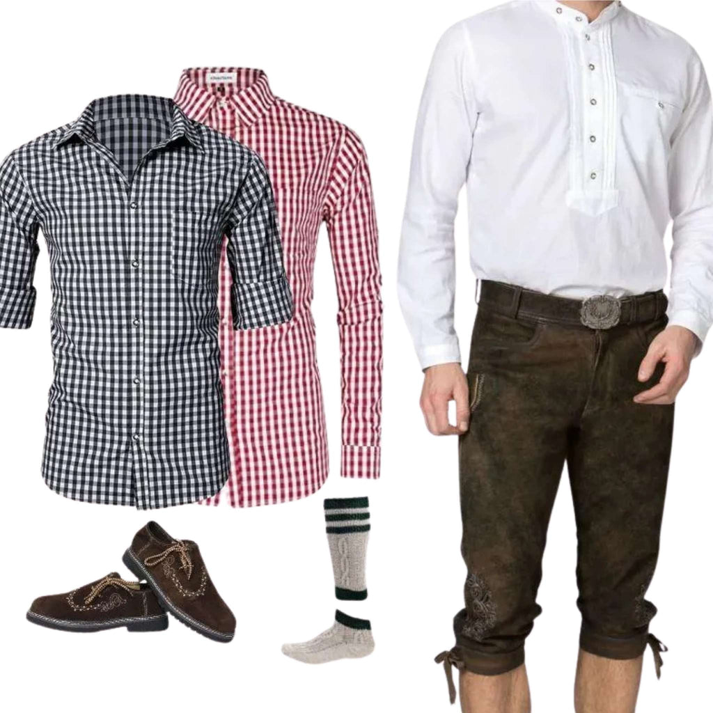 Men's Olive Lederhosen Set with White Collar Shirt