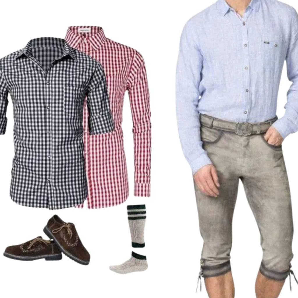 Men's Grey Belted Lederhosen with Linen Shirt Set