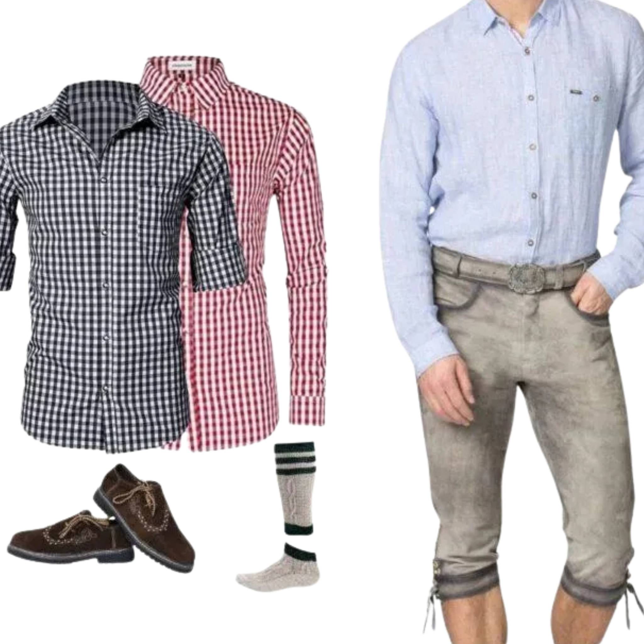 Men's Grey Belted Lederhosen with Linen Shirt Set