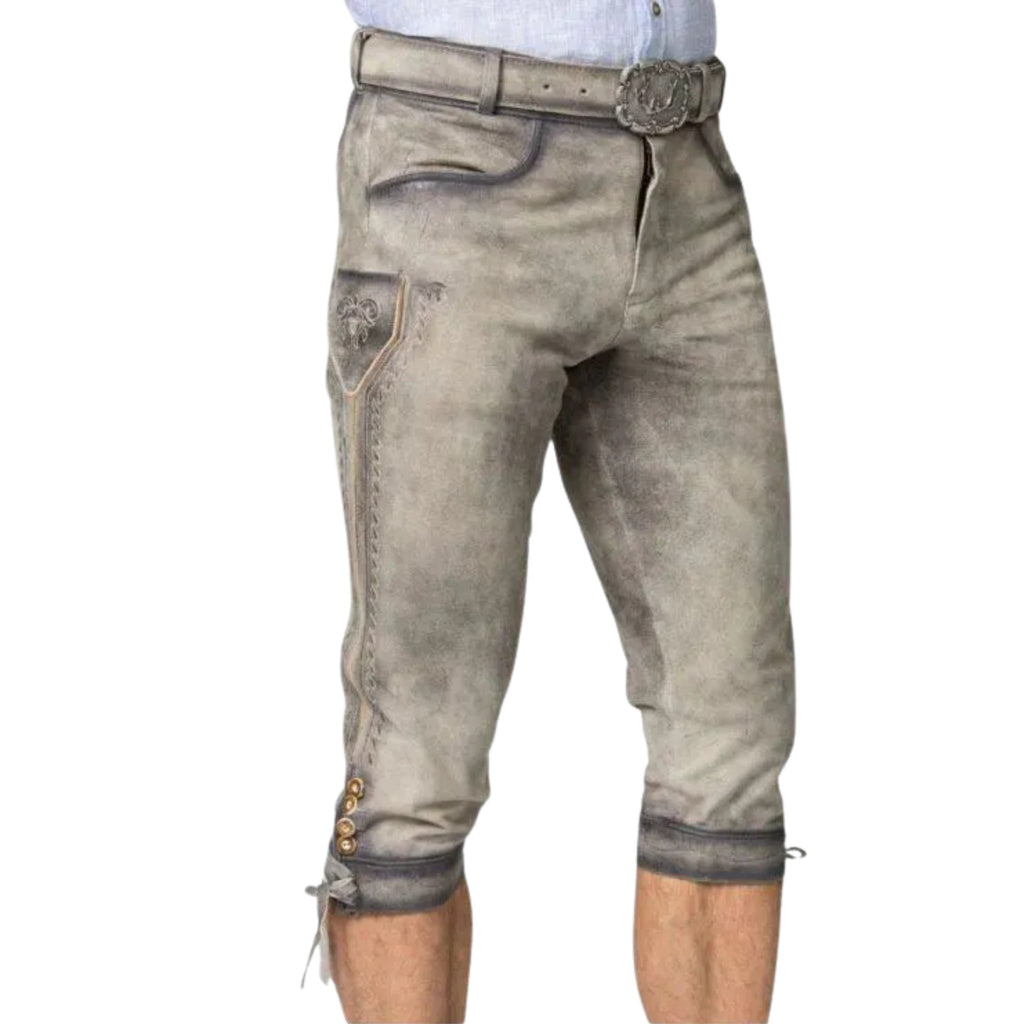 Men's Grey Belted Lederhosen with Linen Shirt Set