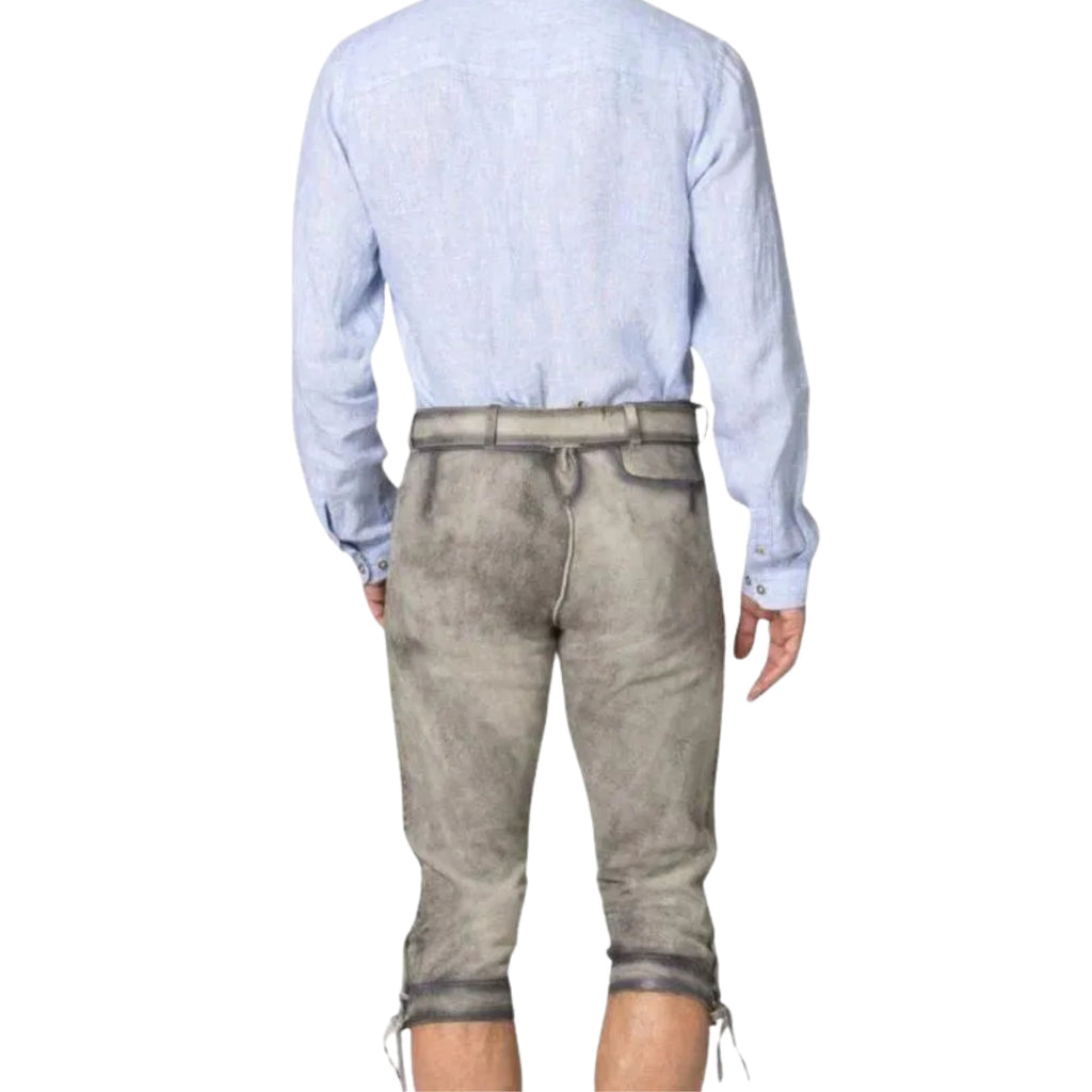 Men's Grey Belted Lederhosen with Linen Shirt Set