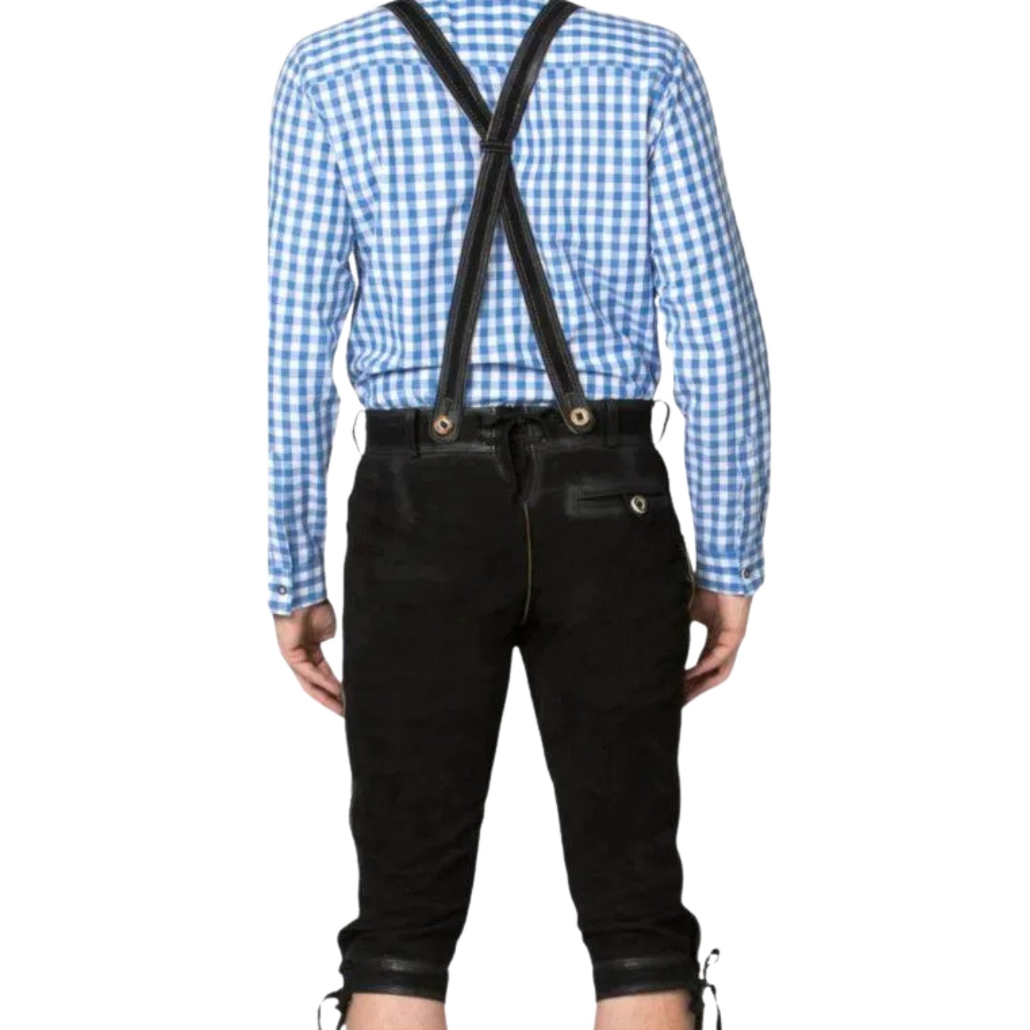 Men's Black Lederhosen Set with Blue Check Shirt