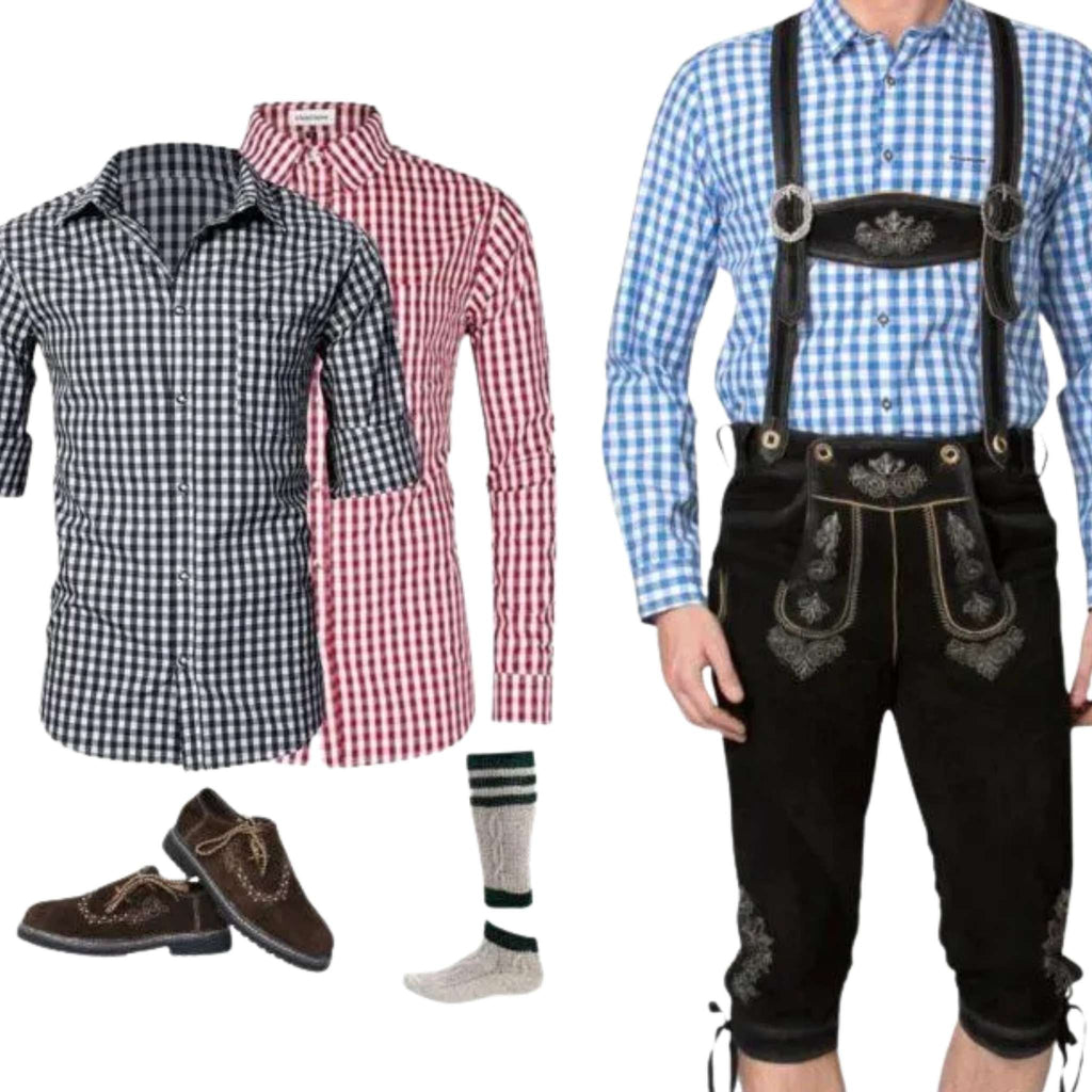 Men's Black Lederhosen Set with Blue Check Shirt