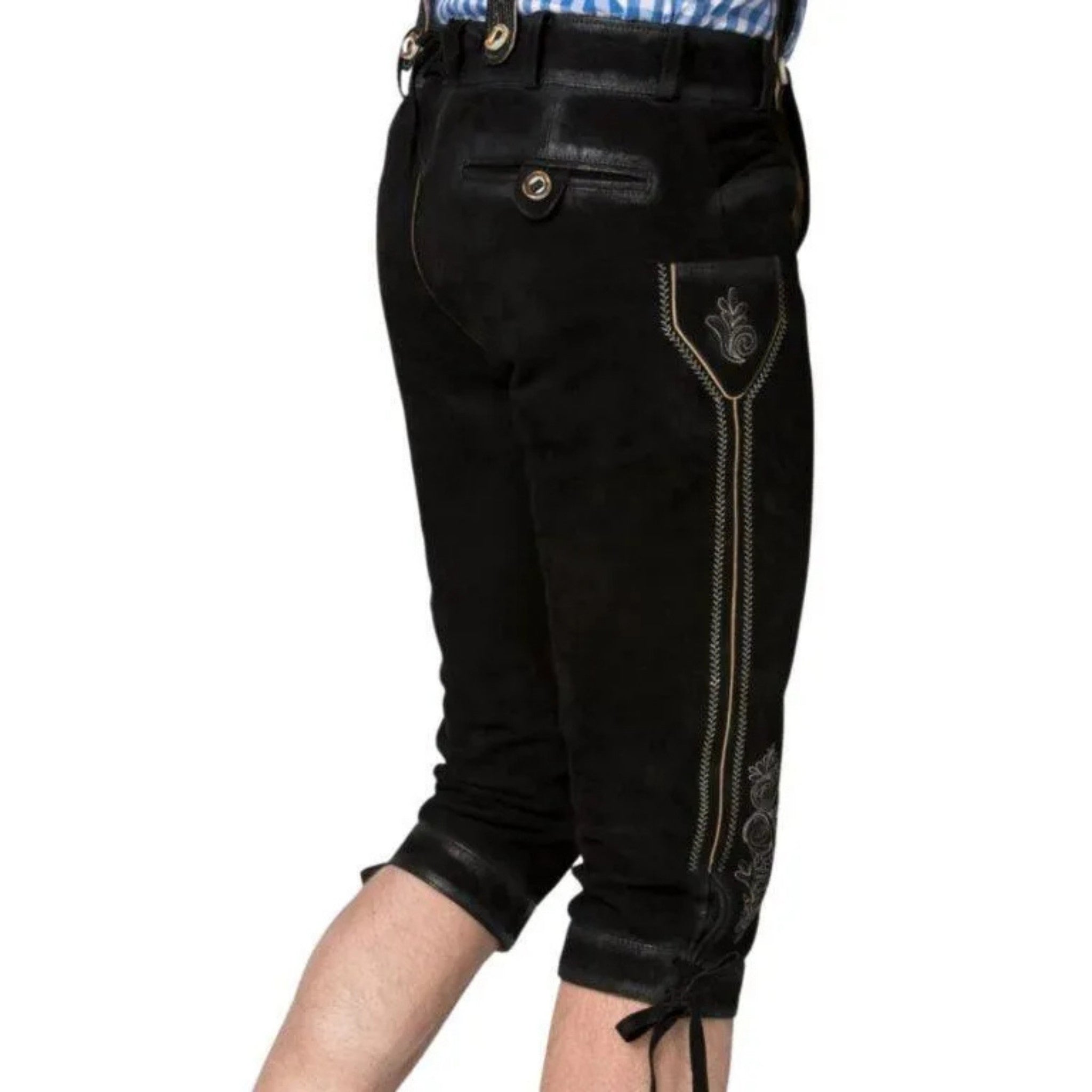 Men's Black Lederhosen Set with Blue Check Shirt