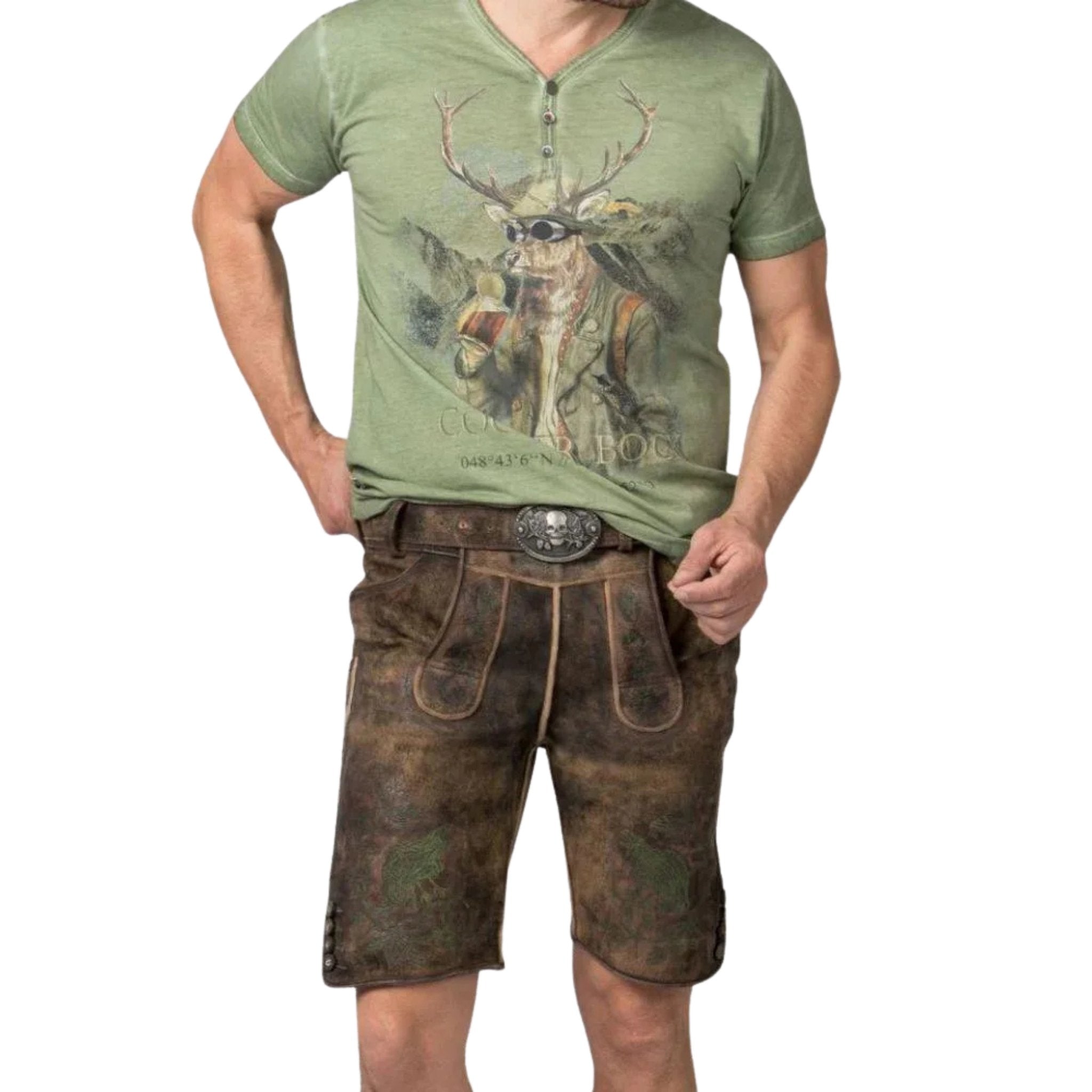 Men's Deer Print Tee with Side-Button Lederhosen