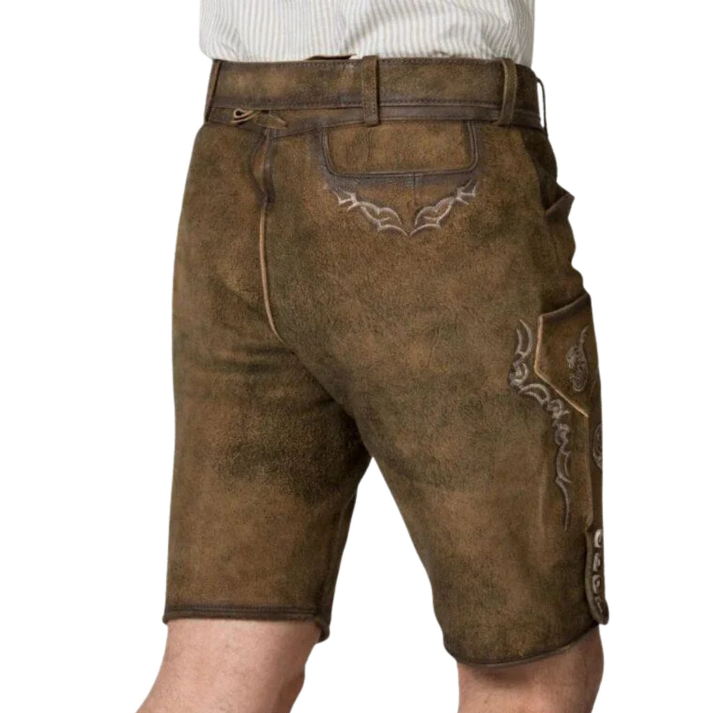Brown Lederhosen Shorts with Belt & Embroidery