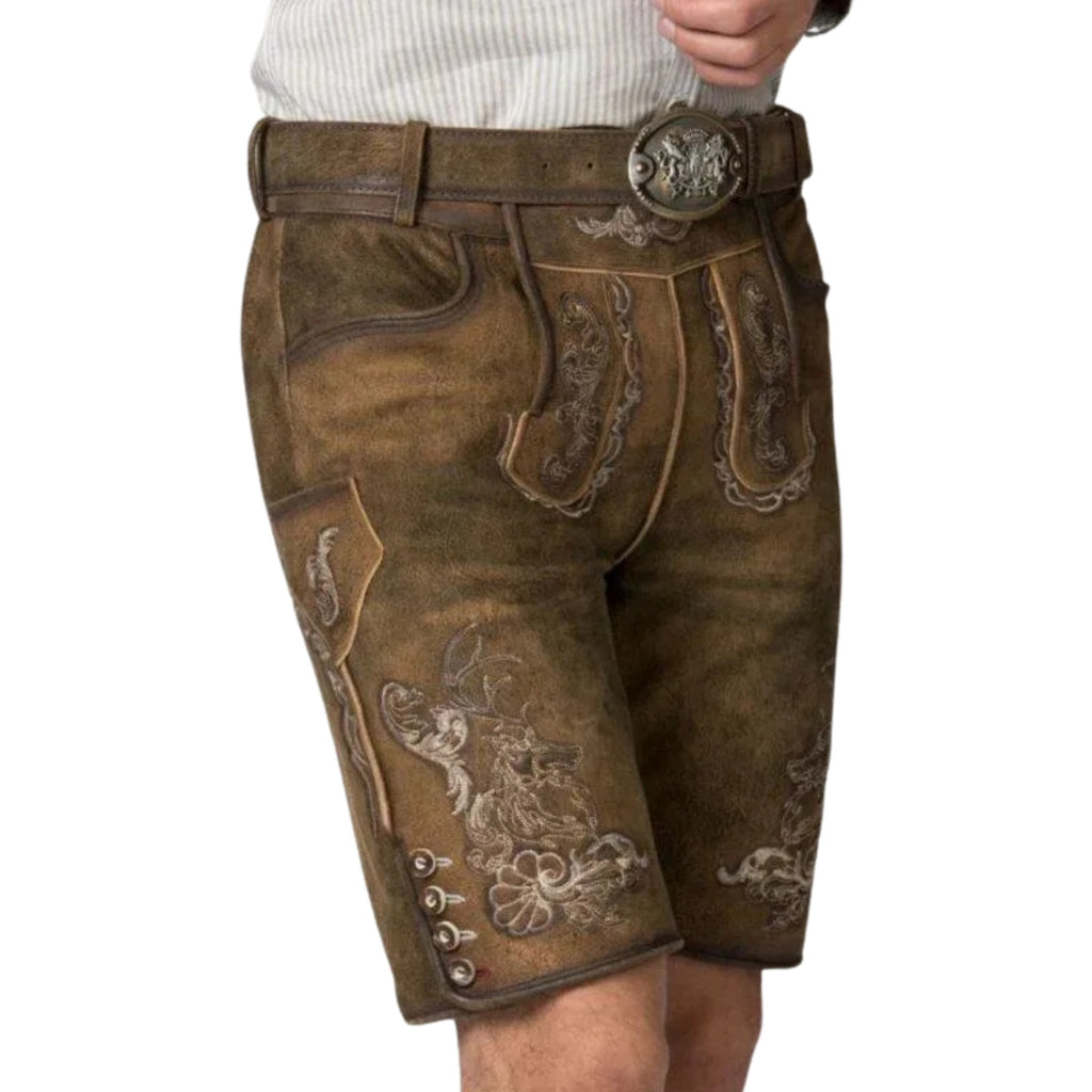 Men's Deer Embroidered Lederhosen with Striped Shirt