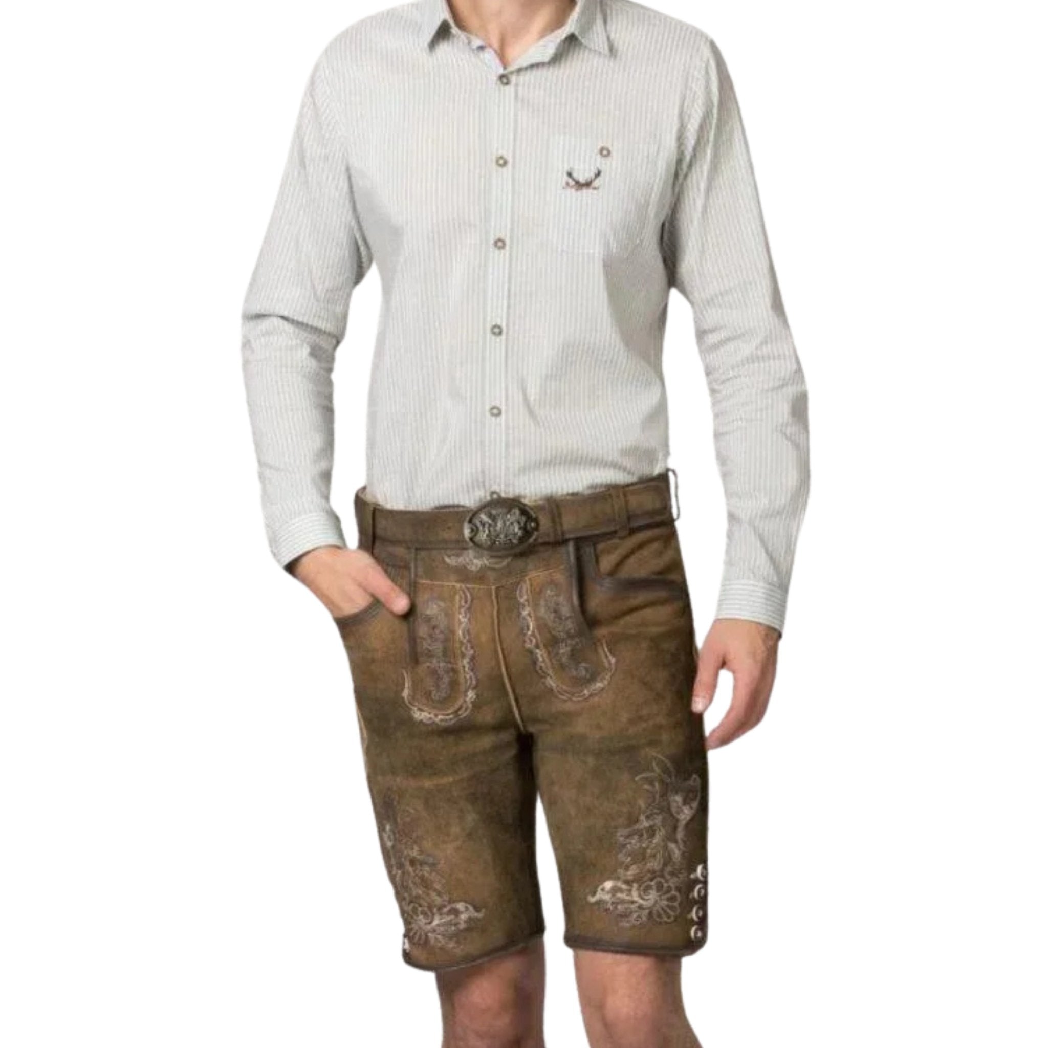Brown Lederhosen Shorts with Belt & Embroidery