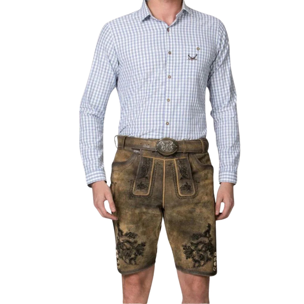Men's Leather Lederhosen with Stag Embroidery & Belt