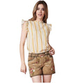 Yellow Striped Ruffle Blouse with Tie-Back Neckline