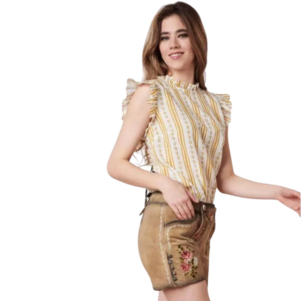 Yellow Striped Ruffle Blouse with Tie-Back Neckline