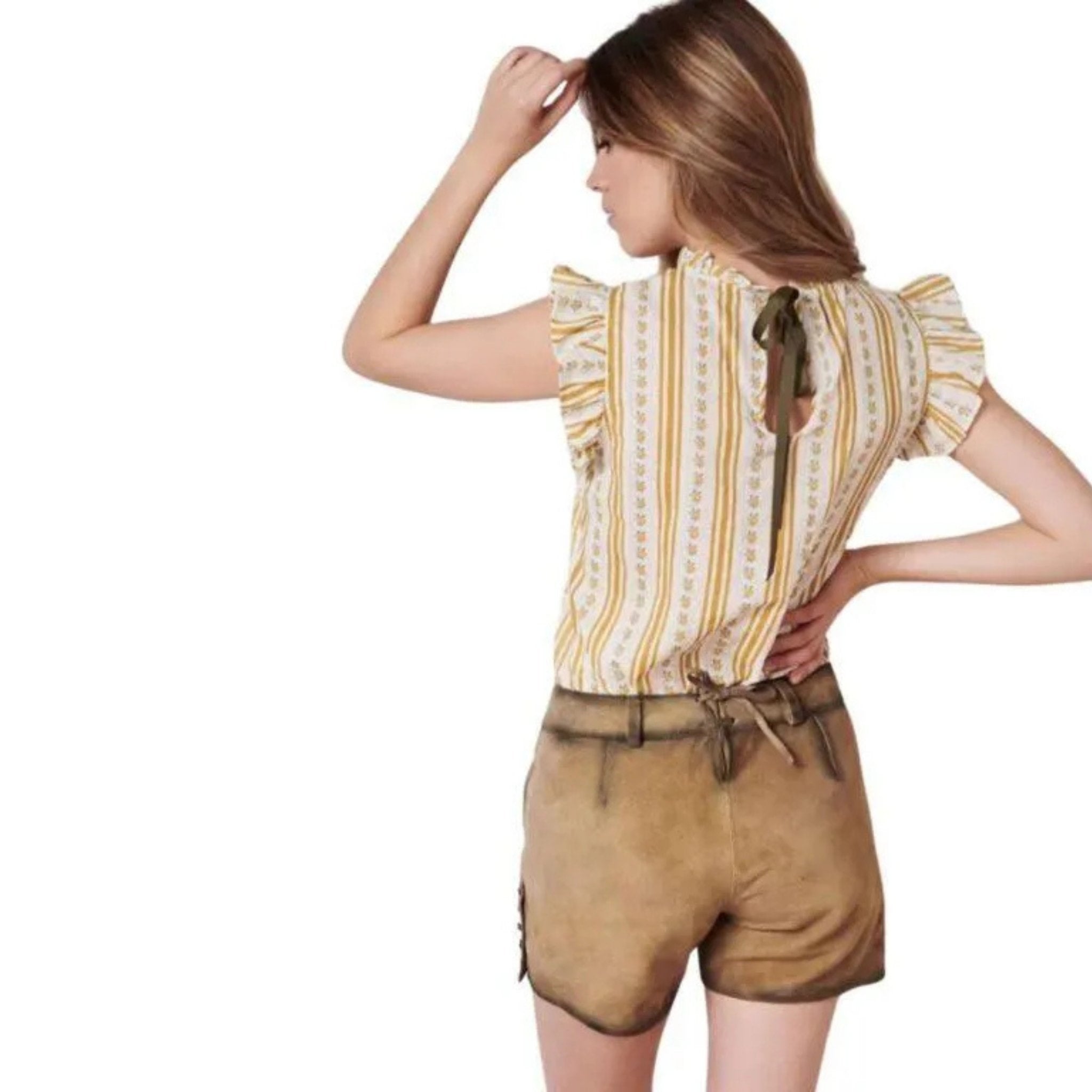 Yellow Striped Ruffle Blouse with Tie-Back Neckline