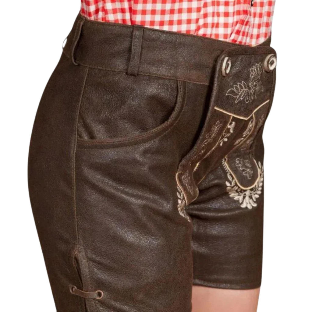 Women's Brown Leather Lederhosen with Lace-Up Ties