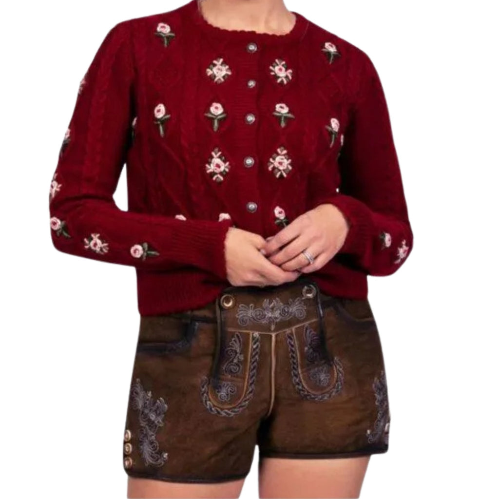 Red Floral Embroidered Knit Cardigan | Oktoberfest