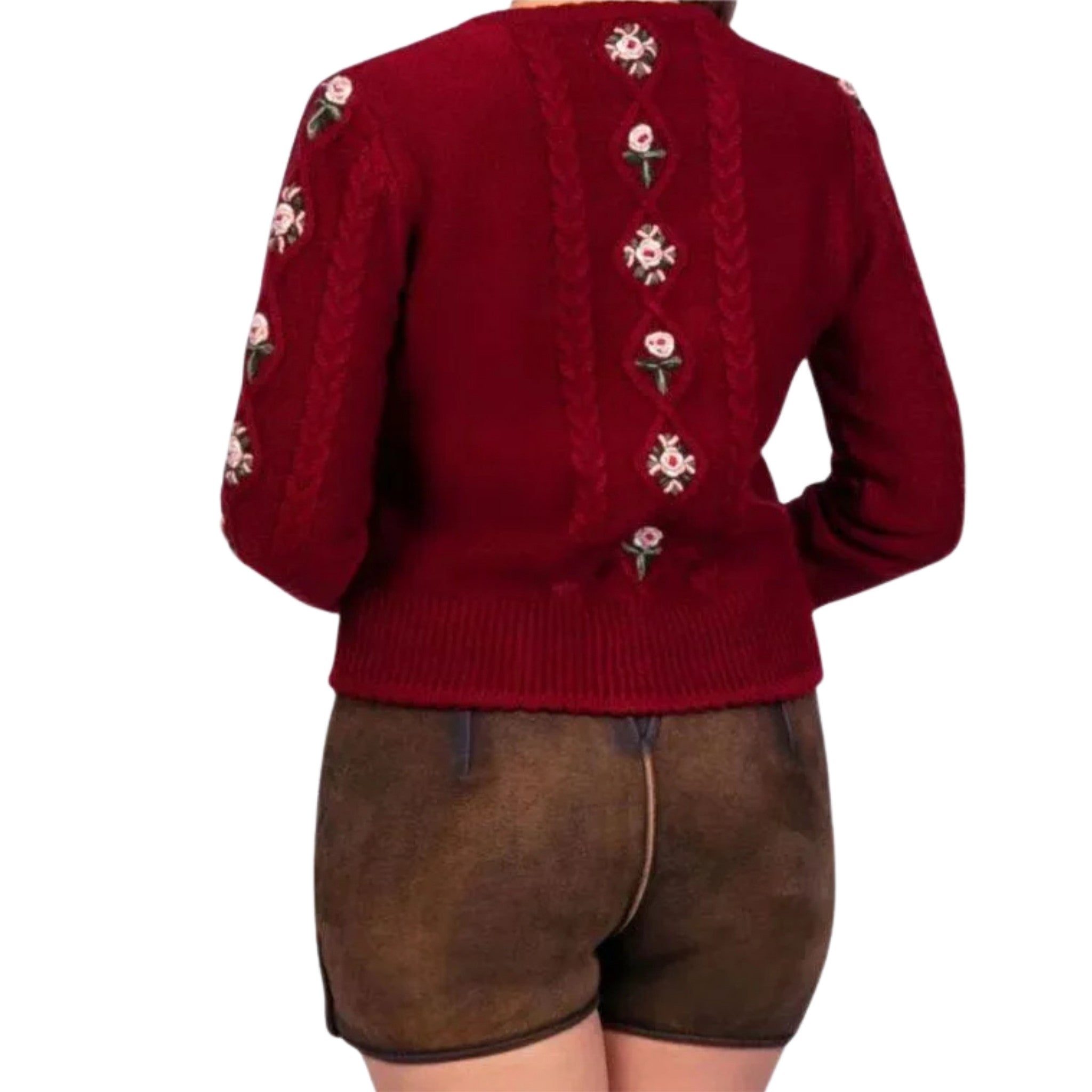 Red Floral Embroidered Knit Cardigan | Oktoberfest