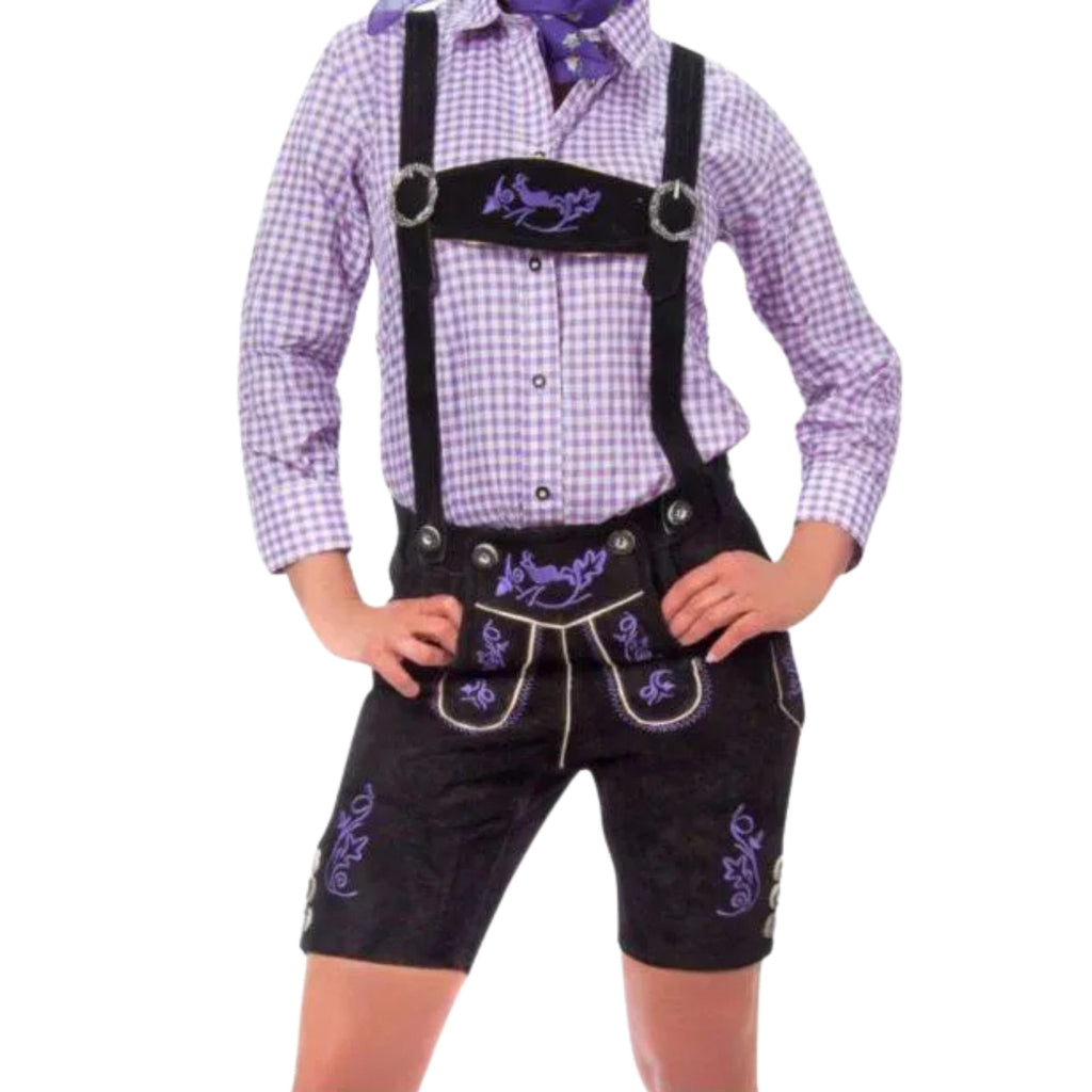 Women's Black Lederhosen with Purple Embroidery