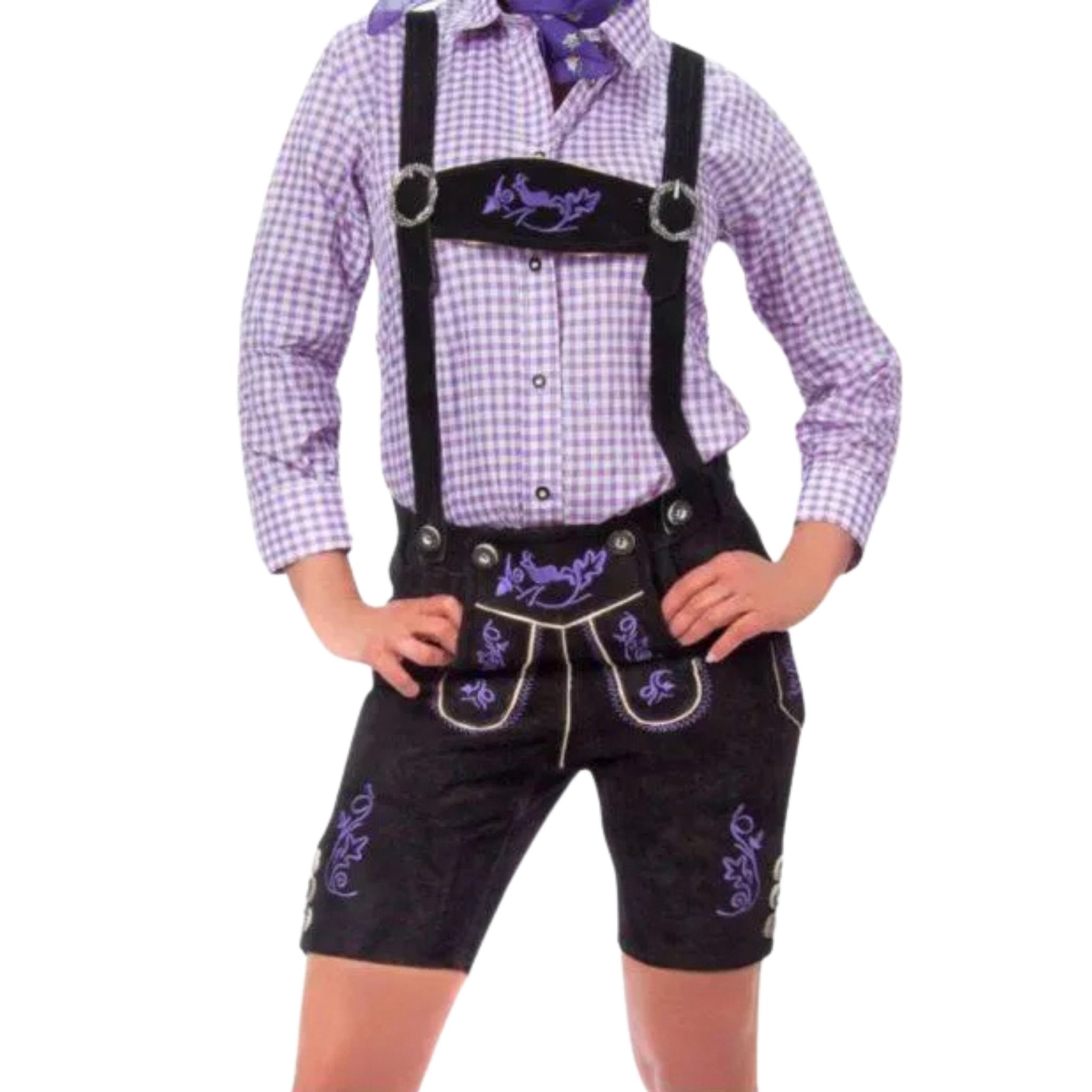 Women's Black Lederhosen with Purple Embroidery