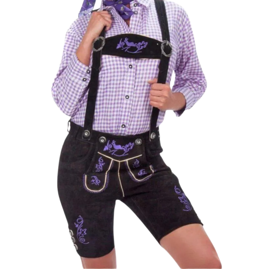 Women's Black Lederhosen with Purple Embroidery