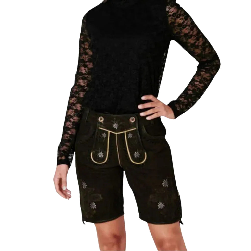 Women's Black Long Lederhosen with Edelweiss Detail