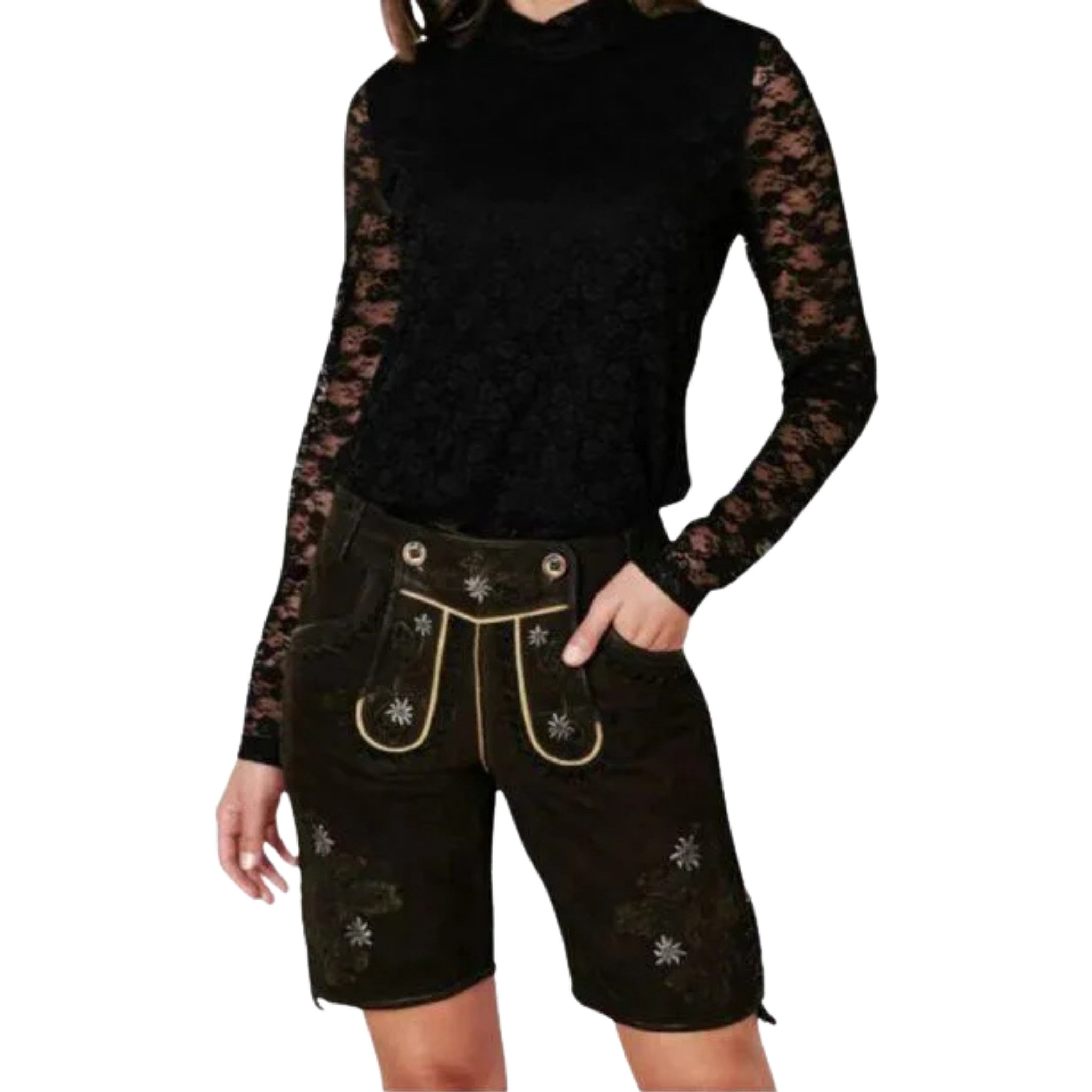 Women's Black Long Lederhosen with Edelweiss Detail