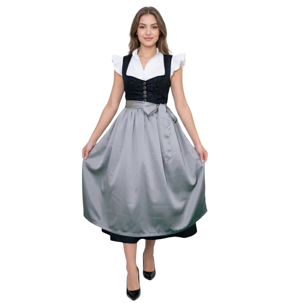 Black Dirndl Dress with Grey Satin Apron Bow