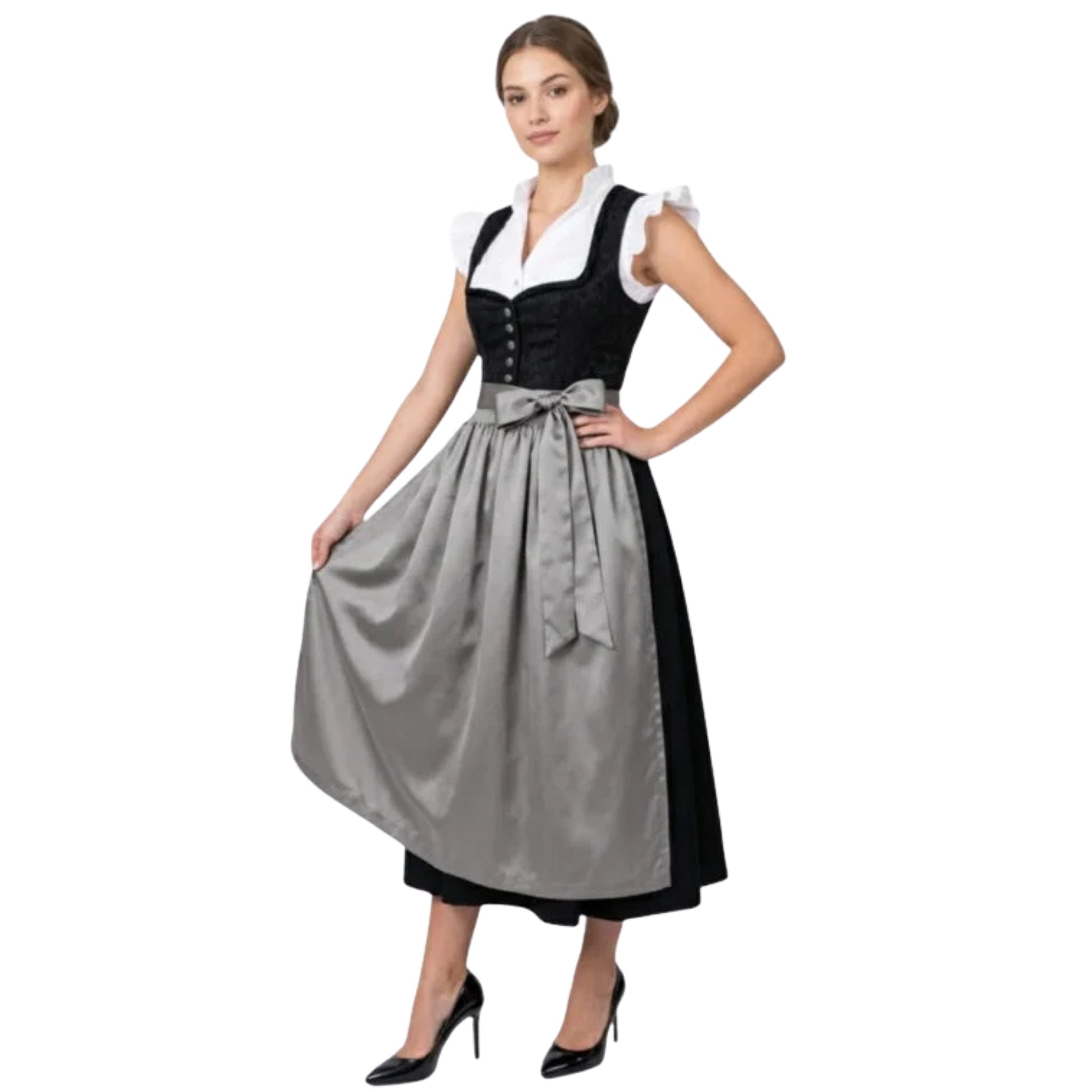 Black Dirndl Dress with Grey Satin Apron Bow