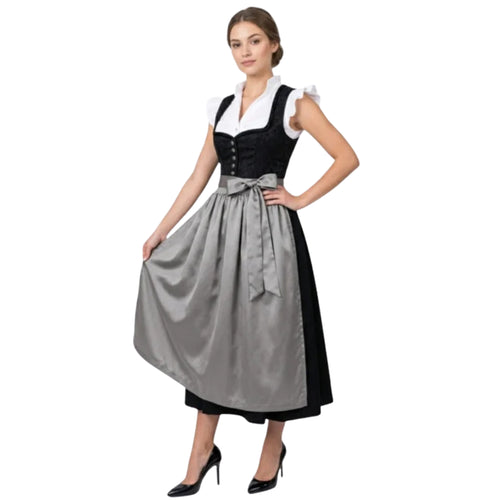 Black Dirndl Dress with Grey Satin Apron Bow