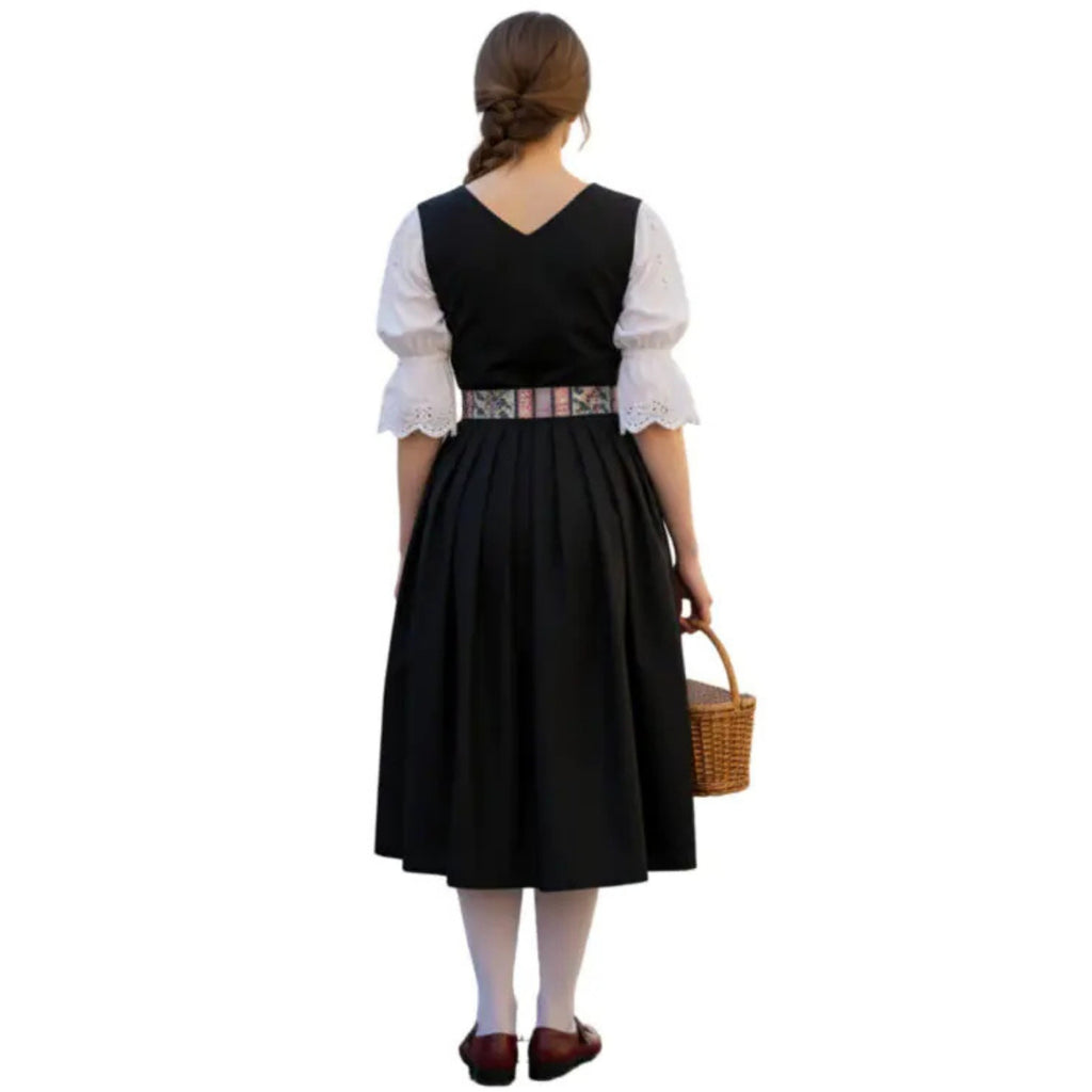 Black Dirndl Dress with Floral Striped Skirt