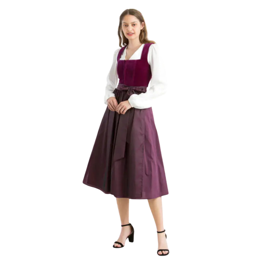 Plum Velvet Dirndl Dress with Ribbon Waist Bow