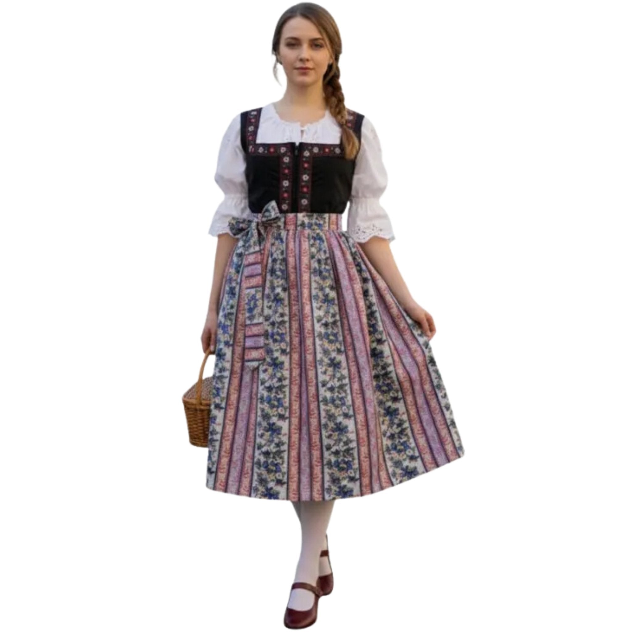 Black Dirndl Dress with Floral Striped Skirt