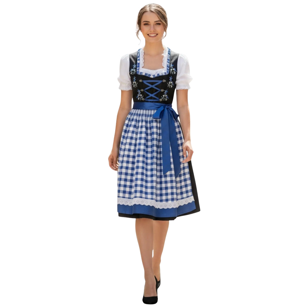 Black Embroidered Dirndl Dress with Blue Check Apron
