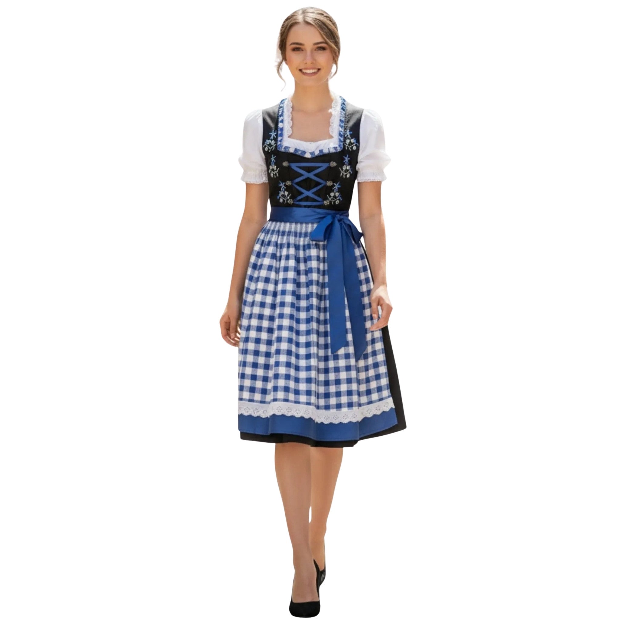 Black Embroidered Dirndl Dress with Blue Check Apron