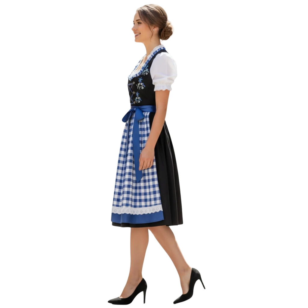 Black Embroidered Dirndl Dress with Blue Check Apron