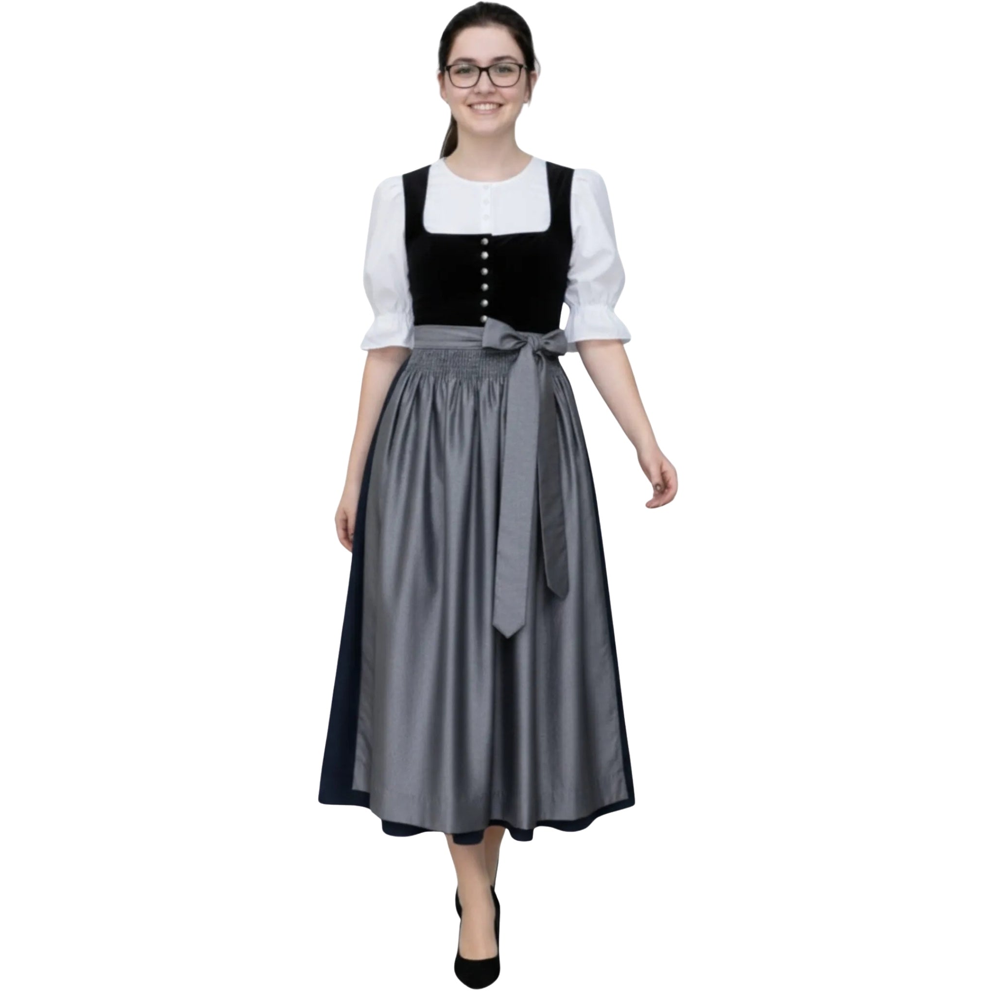 Black Velvet Dirndl Dress with Grey Satin Apron