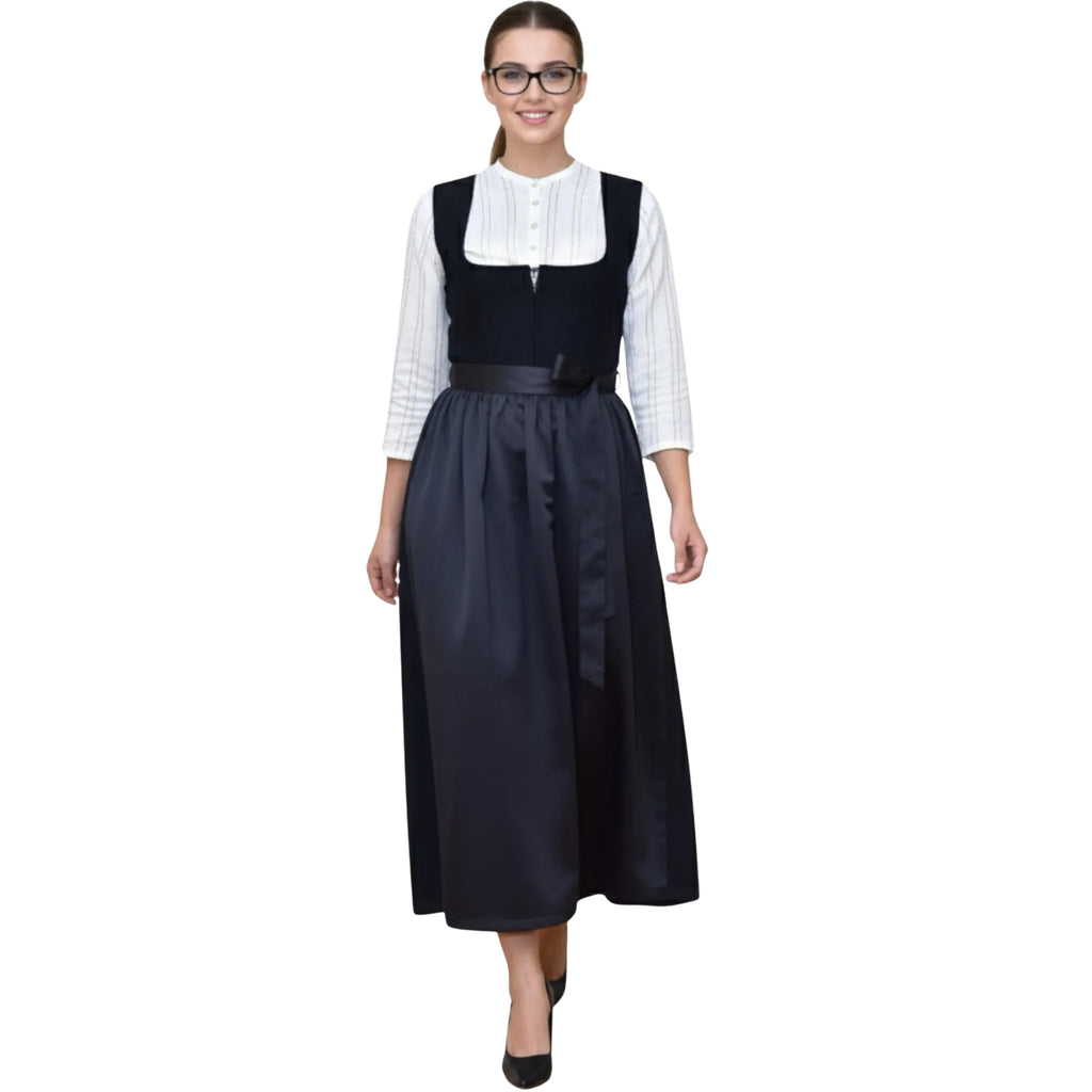 Navy Pinafore Dress with Striped Blouse and Bow Waist