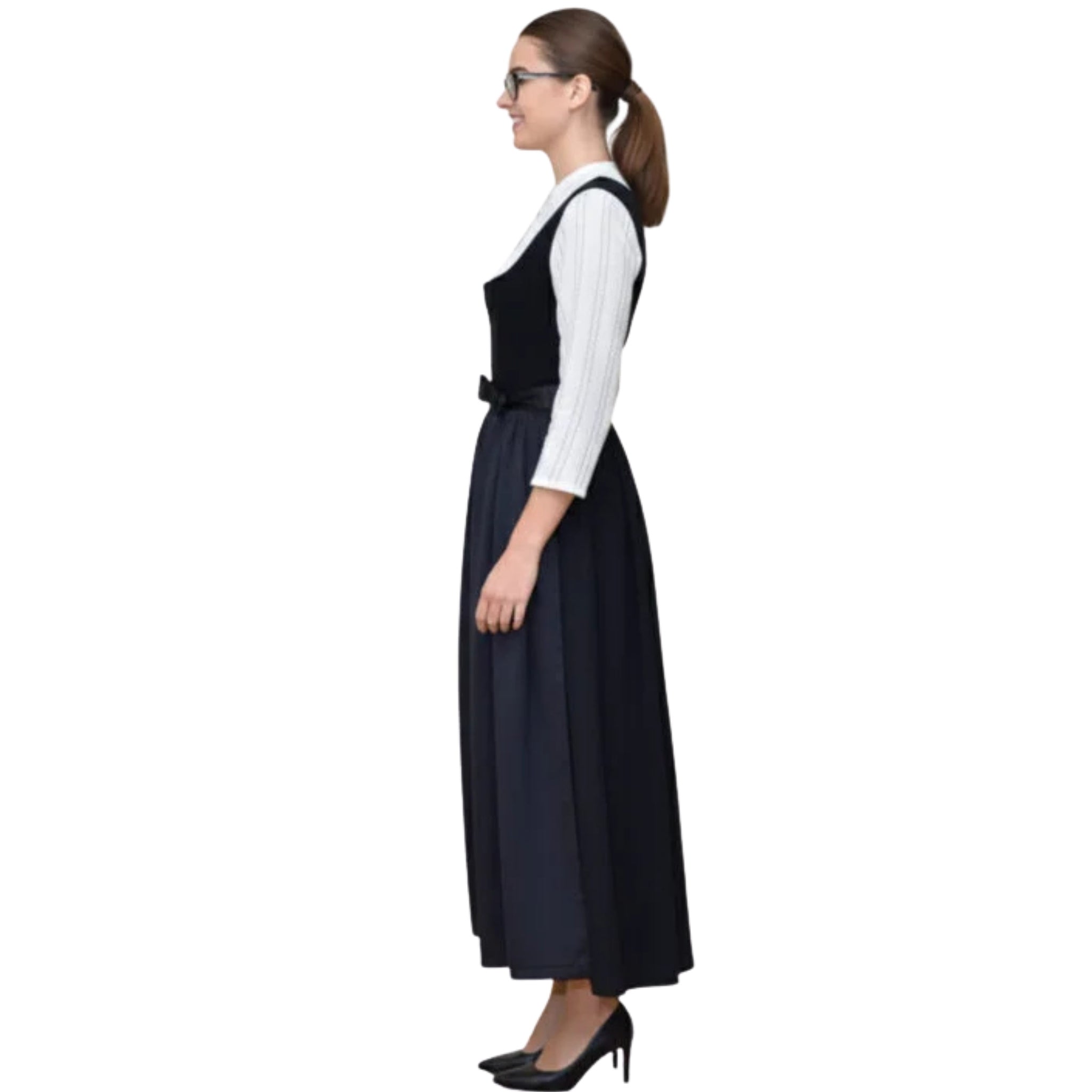 Navy Pinafore Dress with Striped Blouse and Bow Waist