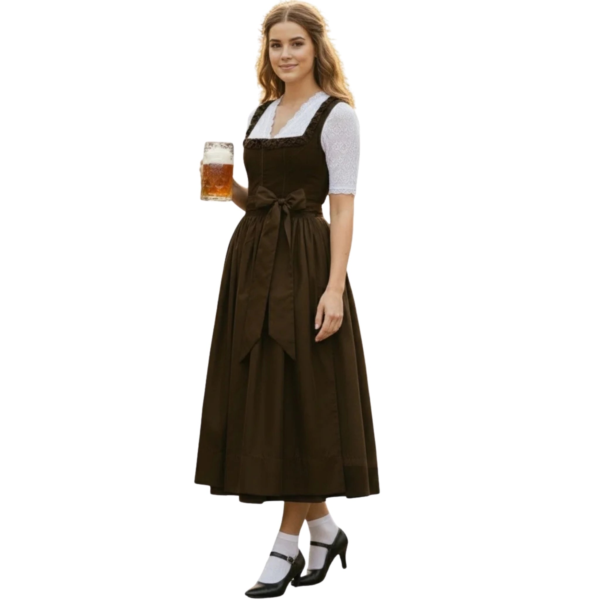 Dark Brown Dirndl Dress with Lace Trim and Bow Waist