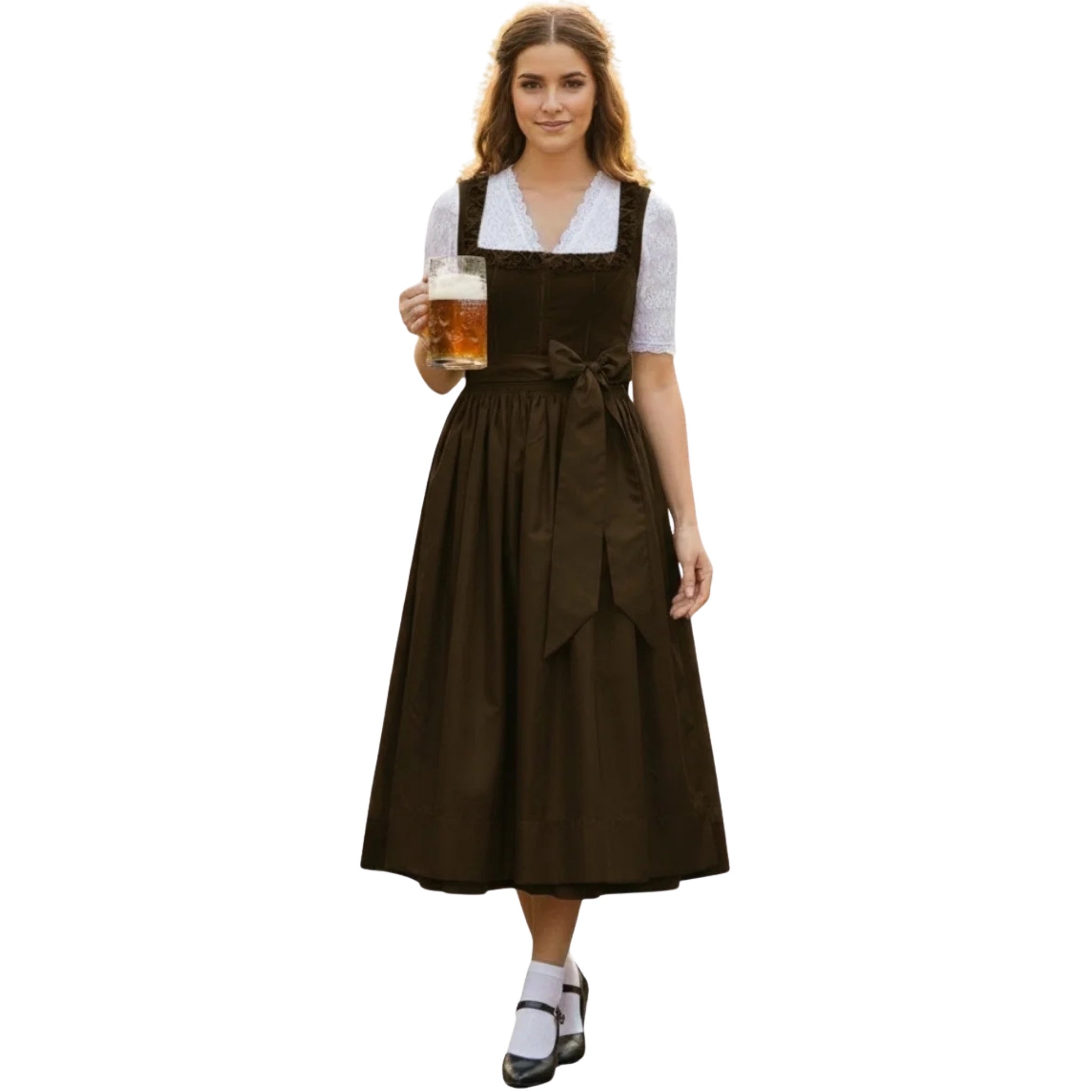 Dark Brown Dirndl Dress with Lace Trim and Bow Waist