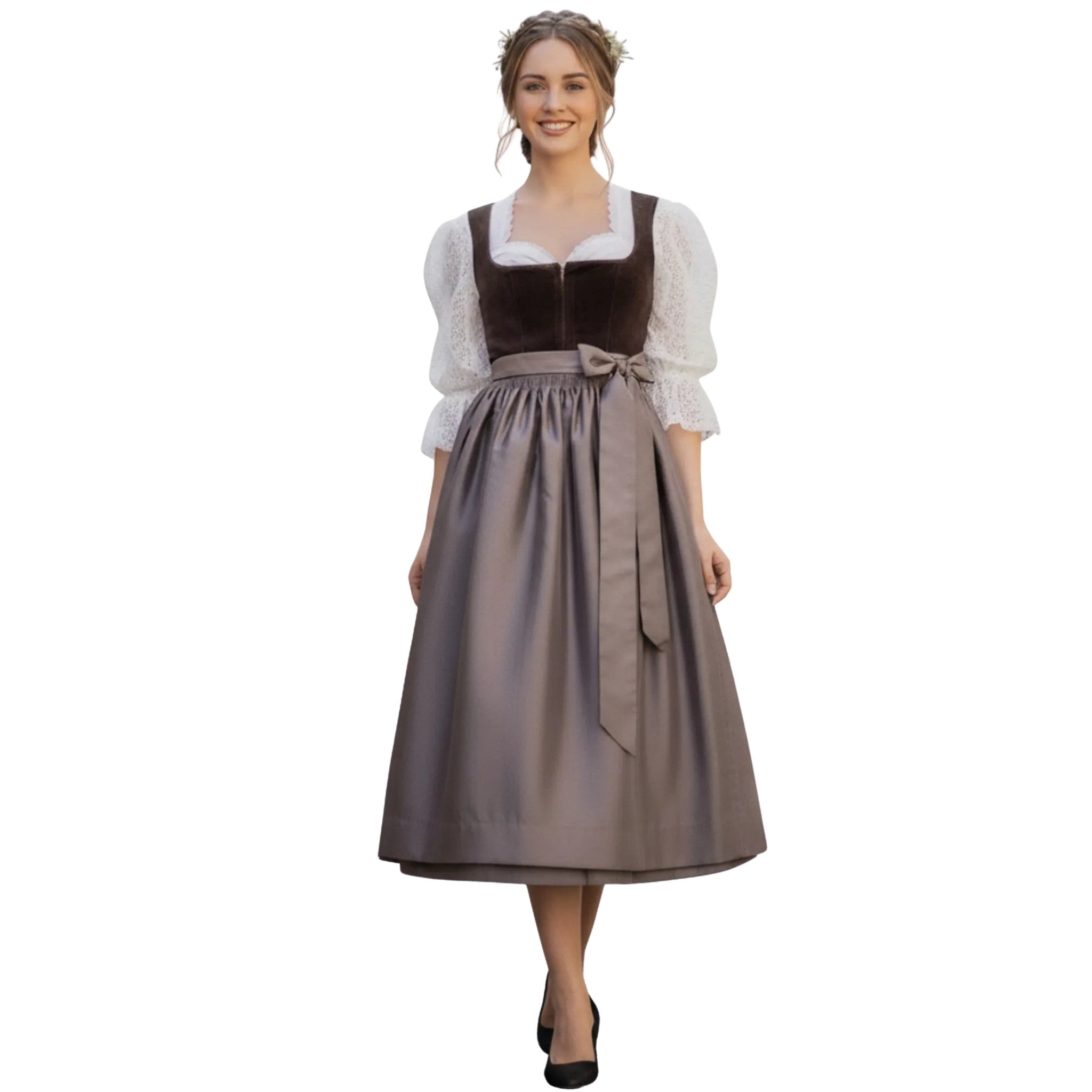 Brown Velvet Dirndl Dress with Lace Blouse and Bow Apron