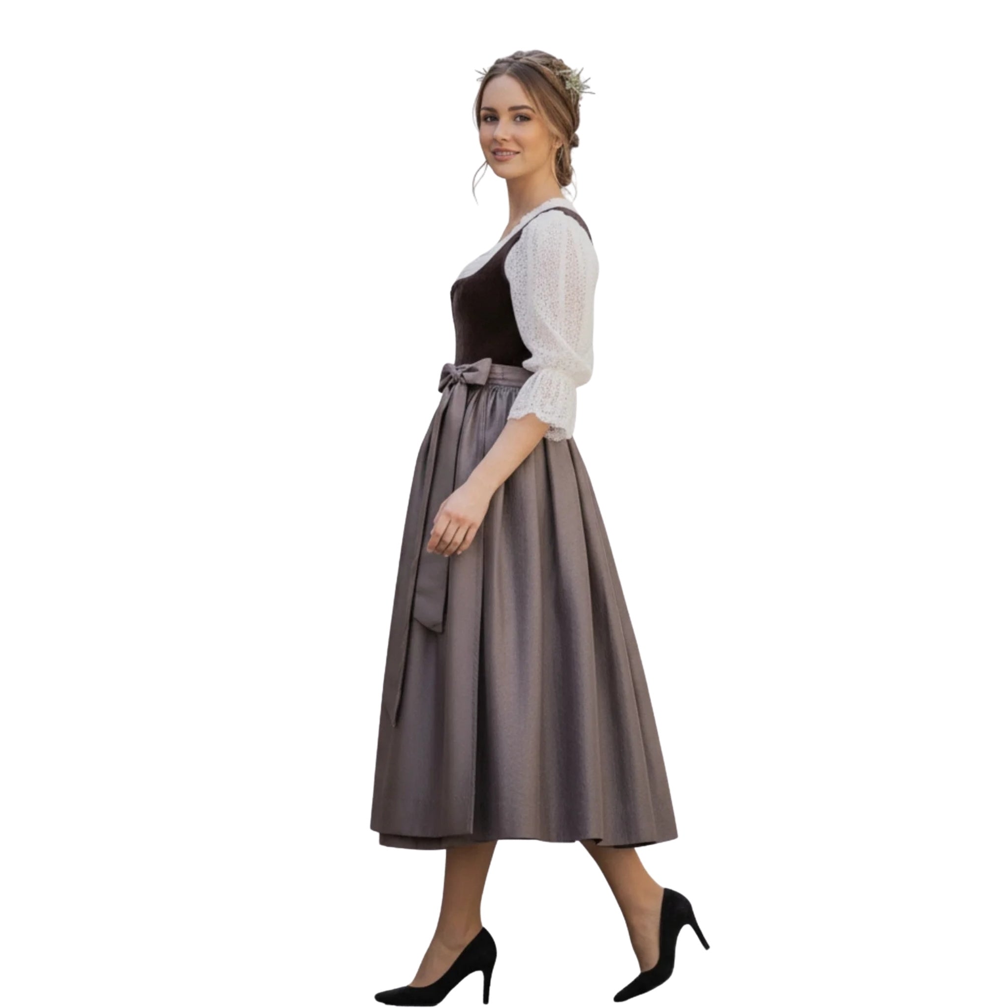 Brown Velvet Dirndl Dress with Lace Blouse and Bow Apron