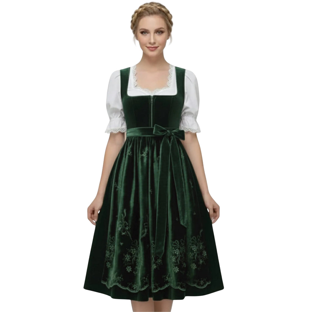 Green Velvet Dirndl Dress with Embroidered Skirt Hem
