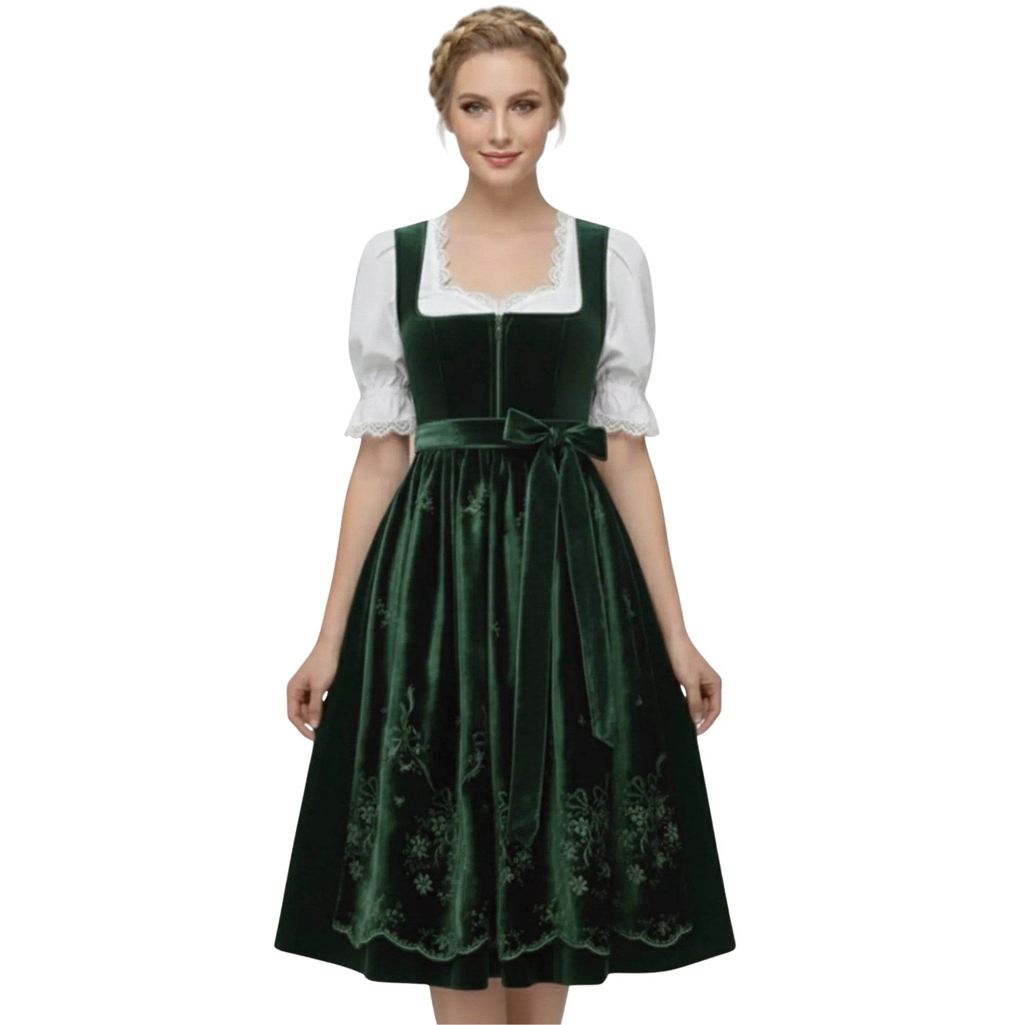 Green Velvet Dirndl Dress with Embroidered Skirt Hem