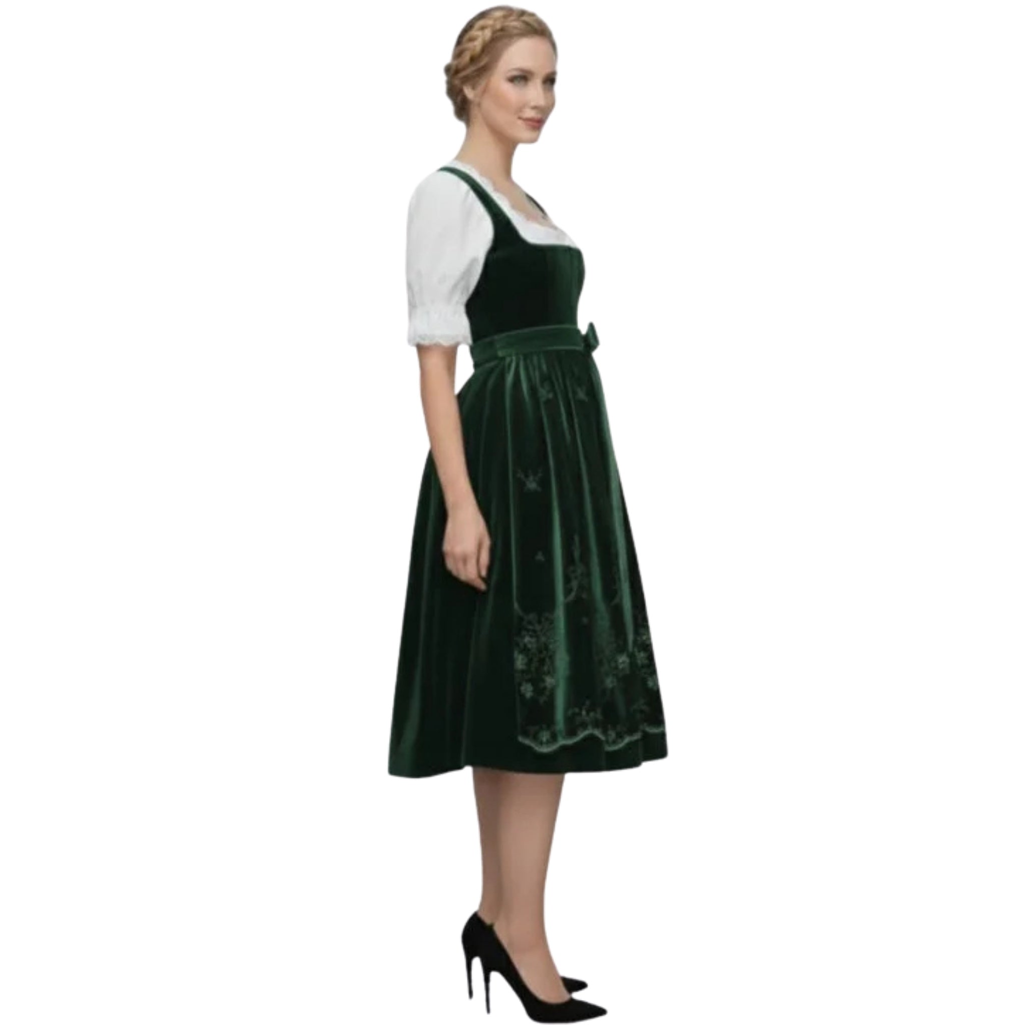 Green Velvet Dirndl Dress with Embroidered Skirt Hem
