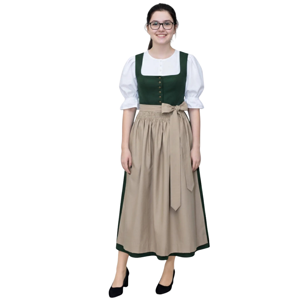 Green Dirndl Dress with Beige Apron and Bow Waist