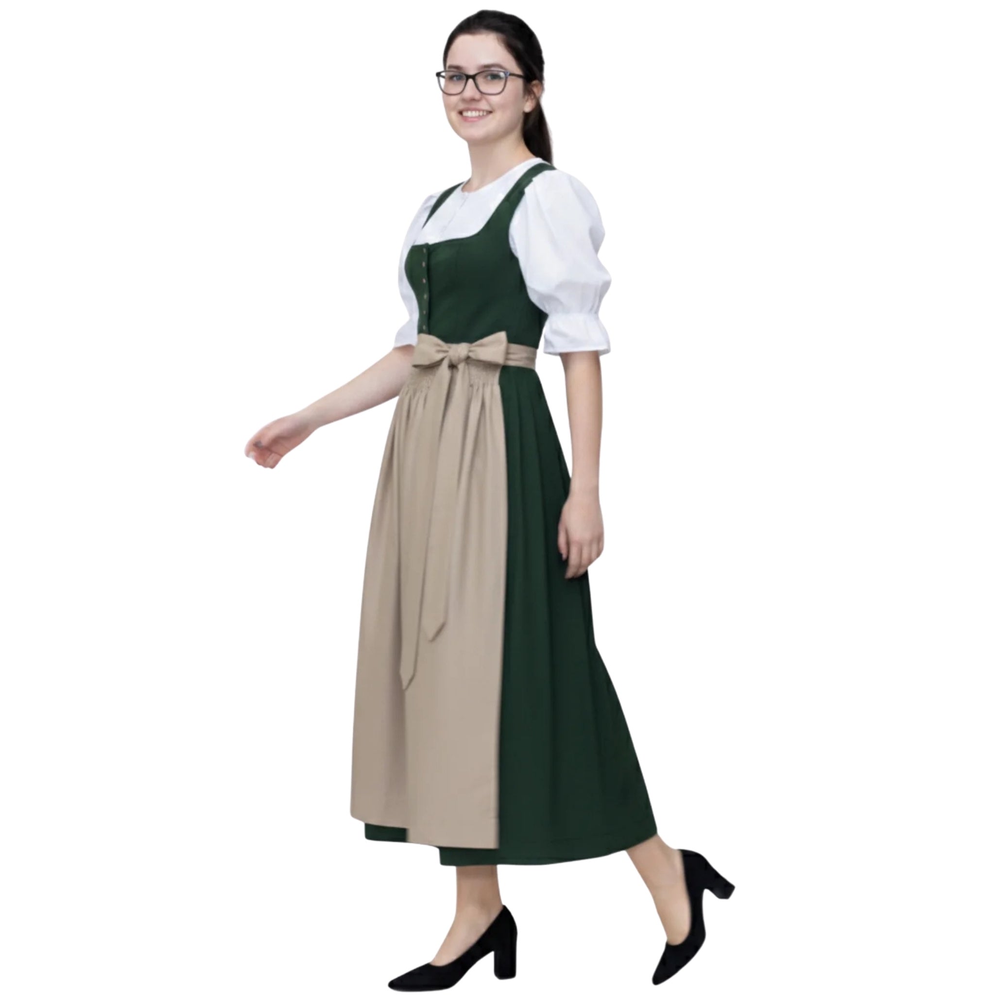Green Dirndl Dress with Beige Apron and Bow Waist