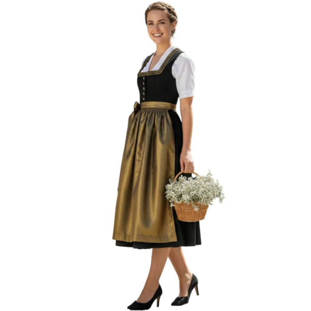 Black Dirndl Dress with Gold Metallic Apron and Bow