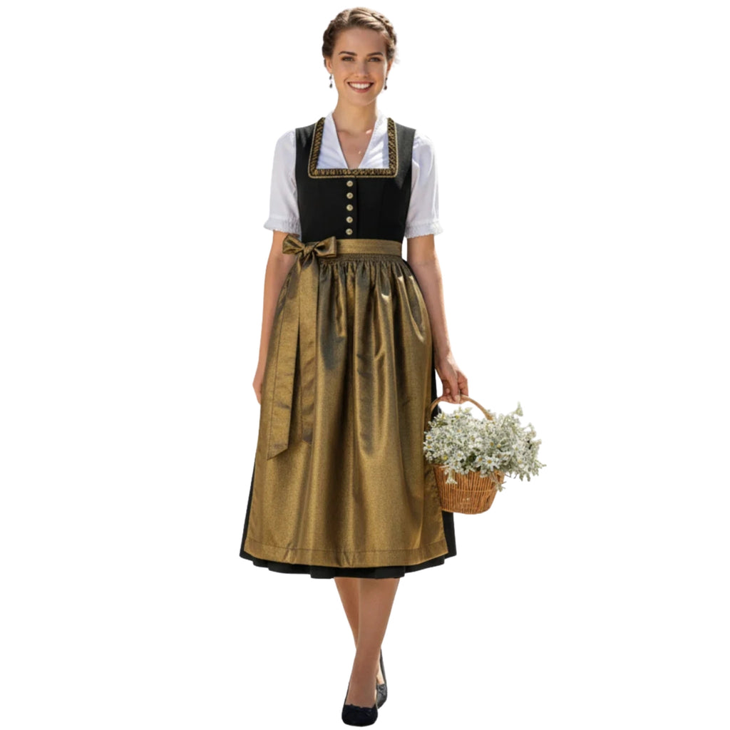 Black Dirndl Dress with Gold Metallic Apron and Bow