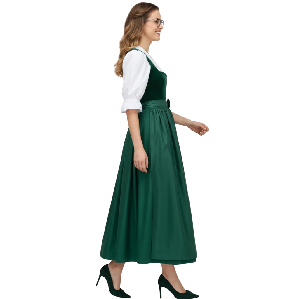 Emerald Green Velvet Dirndl Dress with White Blouse